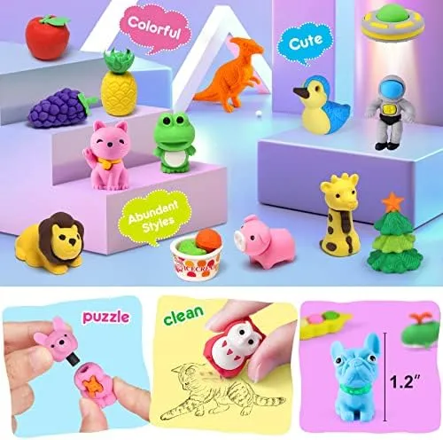 Arscniek 140 Pack Animal Erasers for Kids Bulk, Cute Desk Pets Treasure Box Toys for Classroom Prizes Rewards, Mini Pencil Erasers Take Apart Erasers Back to School Supplies for Boys Girls