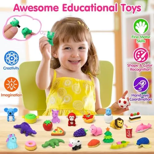 Arscniek 140 Pack Animal Erasers for Kids Bulk, Cute Desk Pets Treasure Box Toys for Classroom Prizes Rewards, Mini Pencil Erasers Take Apart Erasers Back to School Supplies for Boys Girls