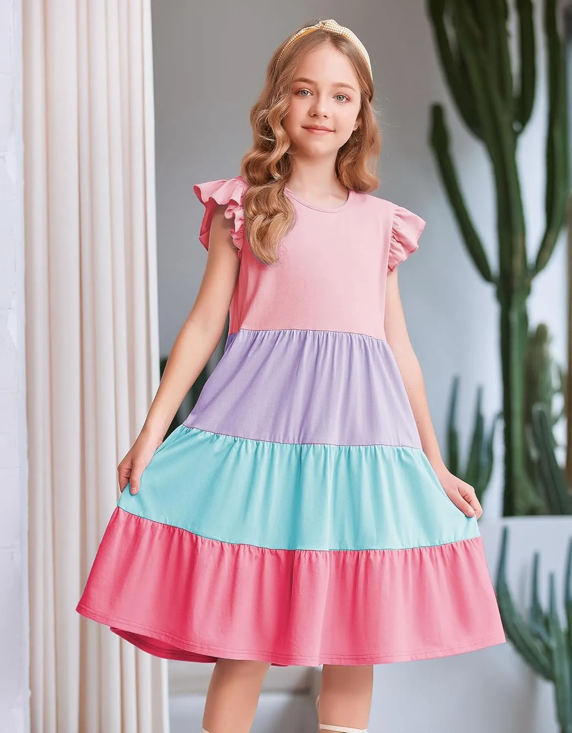Arshiner Girl's Summer Dresses Ruffle Sleeve Tiered Swing Midi Casual Sundress with Pockets