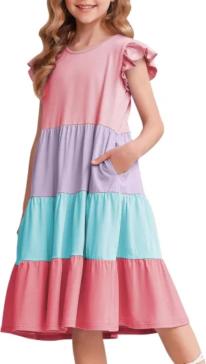 Arshiner Girl's Summer Dresses Ruffle Sleeve Tiered Swing Midi Casual Sundress with Pockets