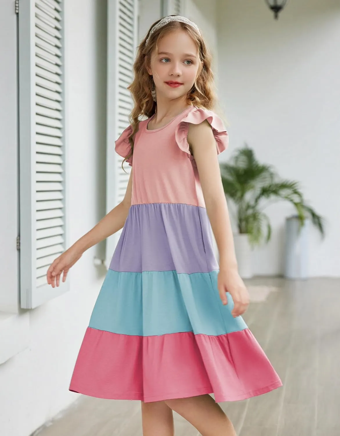 Arshiner Girl's Summer Dresses Ruffle Sleeve Tiered Swing Midi Casual Sundress with Pockets