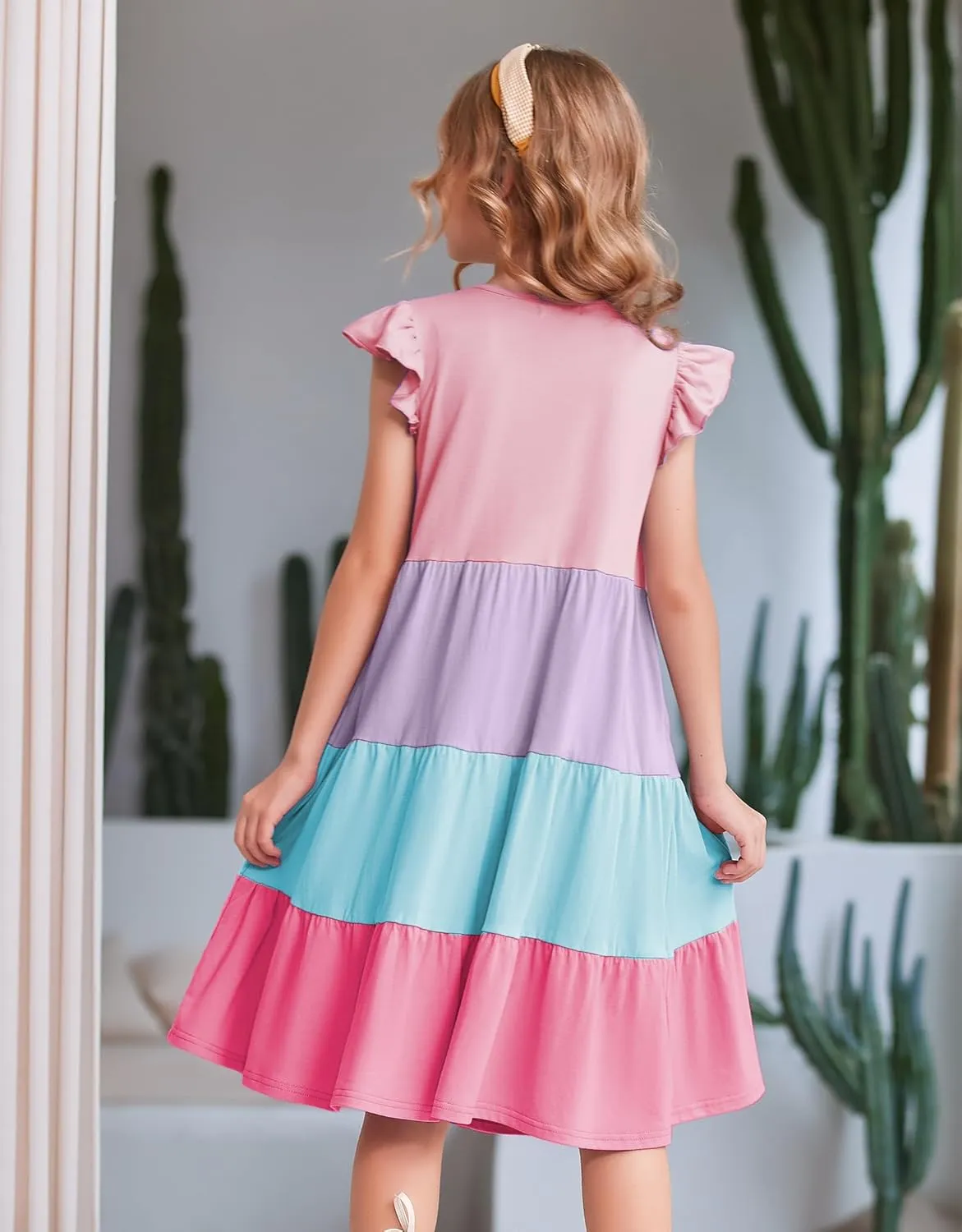Arshiner Girl's Summer Dresses Ruffle Sleeve Tiered Swing Midi Casual Sundress with Pockets