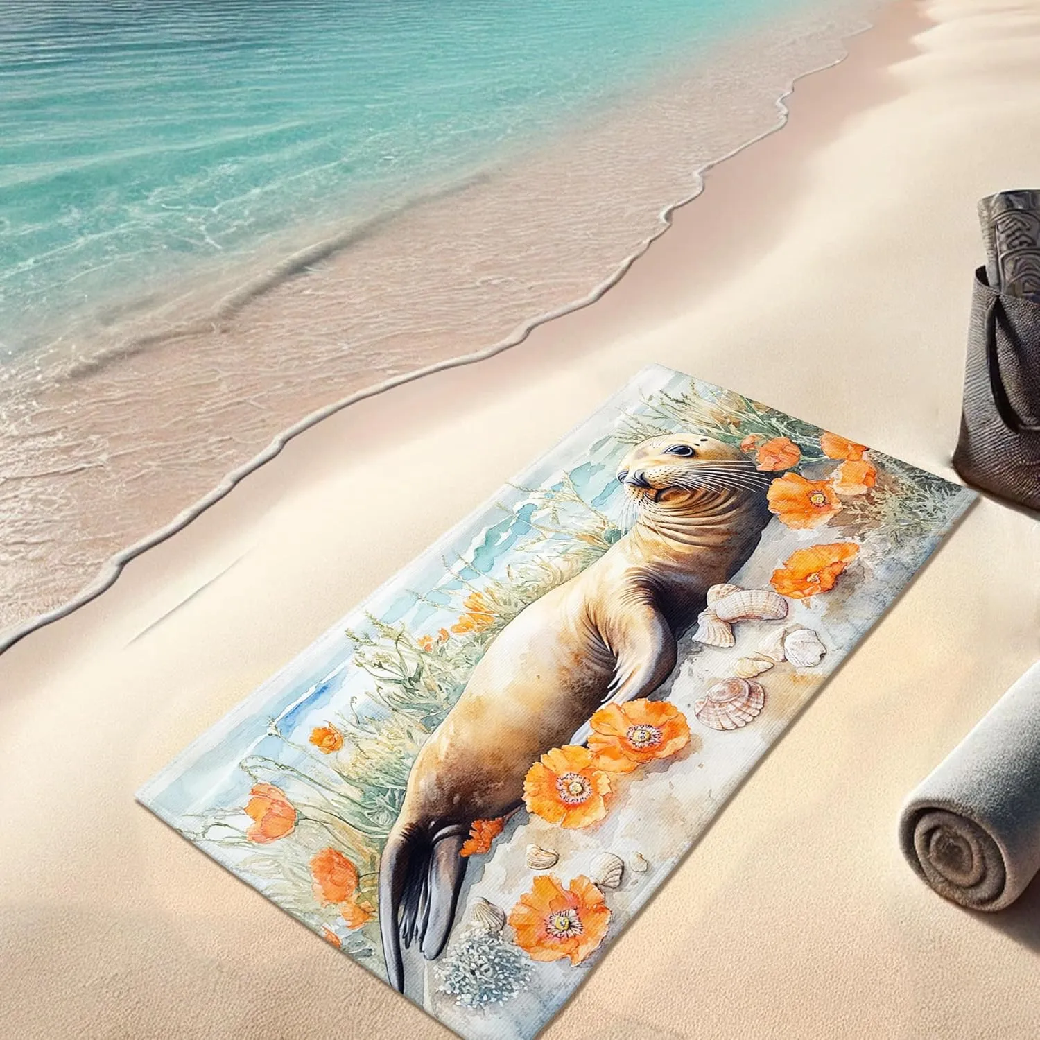 Artistic Sea Lion Microfiber Beach Towel Extra Large Vibrant Orange Flower Design Quick Dry Absorbent Sand Free Lightweight Beach Blanket, Perfect for Vacation Pool Gym Essentials 70x35 Inch