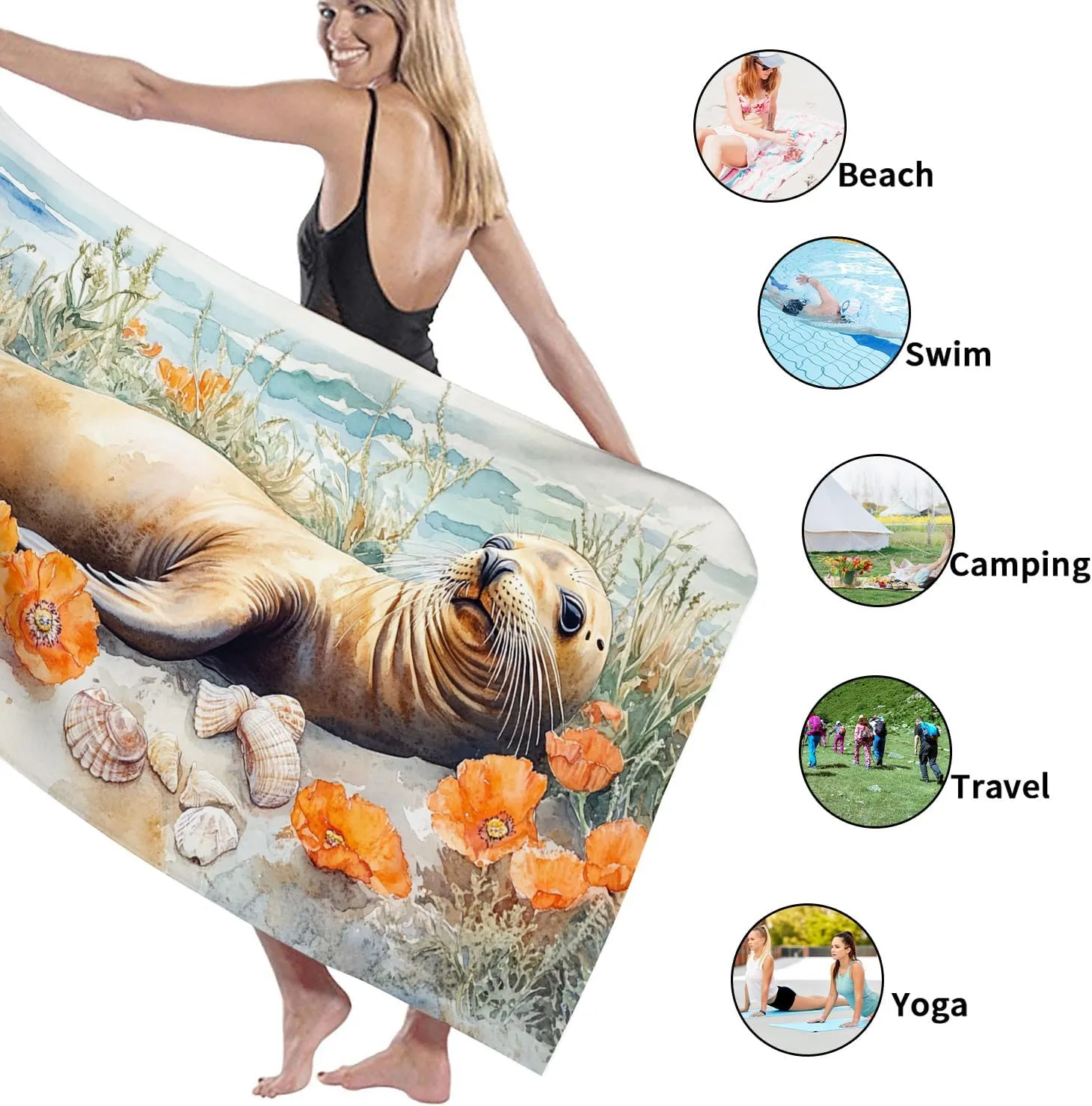 Artistic Sea Lion Microfiber Beach Towel Extra Large Vibrant Orange Flower Design Quick Dry Absorbent Sand Free Lightweight Beach Blanket, Perfect for Vacation Pool Gym Essentials 70x35 Inch