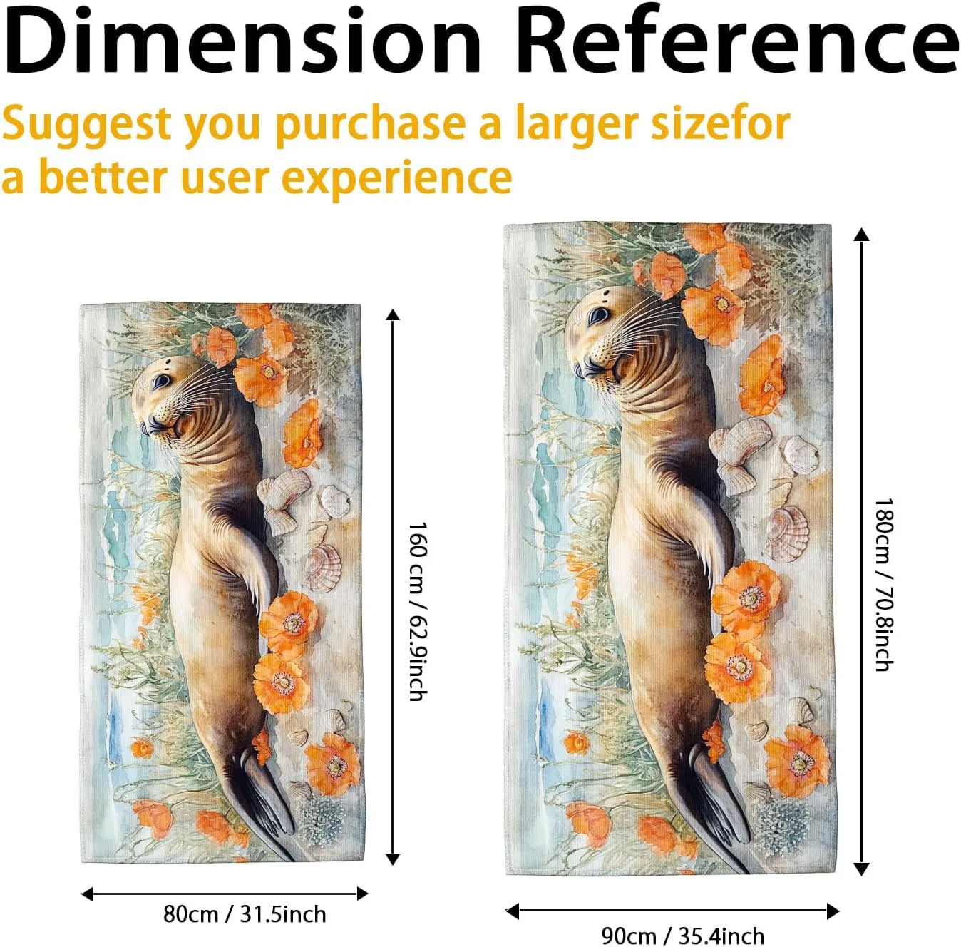 Artistic Sea Lion Microfiber Beach Towel Extra Large Vibrant Orange Flower Design Quick Dry Absorbent Sand Free Lightweight Beach Blanket, Perfect for Vacation Pool Gym Essentials 70x35 Inch
