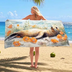 Artistic Sea Lion Microfiber Beach Towel Extra Large Vibrant Orange Flower Design Quick Dry Absorbent Sand Free Lightweight Beach Blanket, Perfect for Vacation Pool Gym Essentials 70x35 Inch