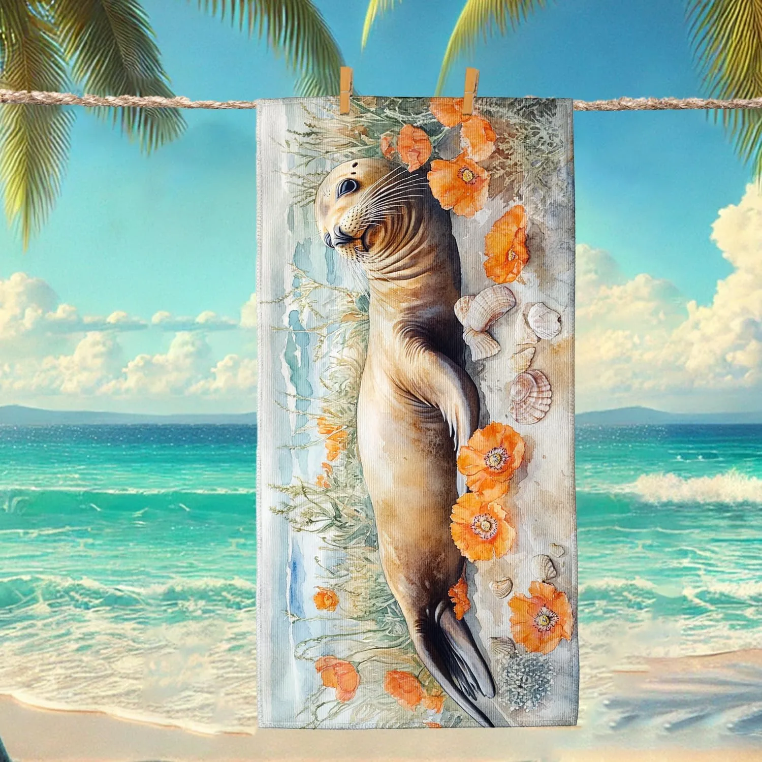 Artistic Sea Lion Microfiber Beach Towel Extra Large Vibrant Orange Flower Design Quick Dry Absorbent Sand Free Lightweight Beach Blanket, Perfect for Vacation Pool Gym Essentials 70x35 Inch