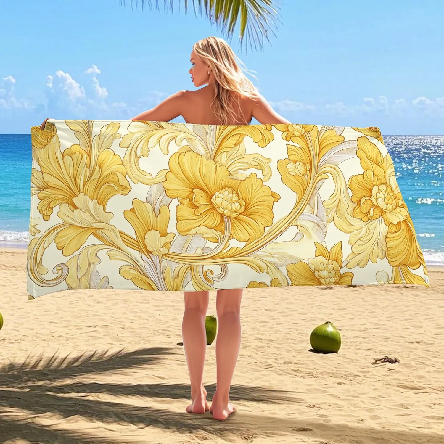 Artistic Yellow Floral Microfiber Beach Towel Quick Dry Soft Sand Free Light Weight Bath Blanket, Ideal for Outdoor Travel Camping Pool Picnic Essentials 62x31 Inch