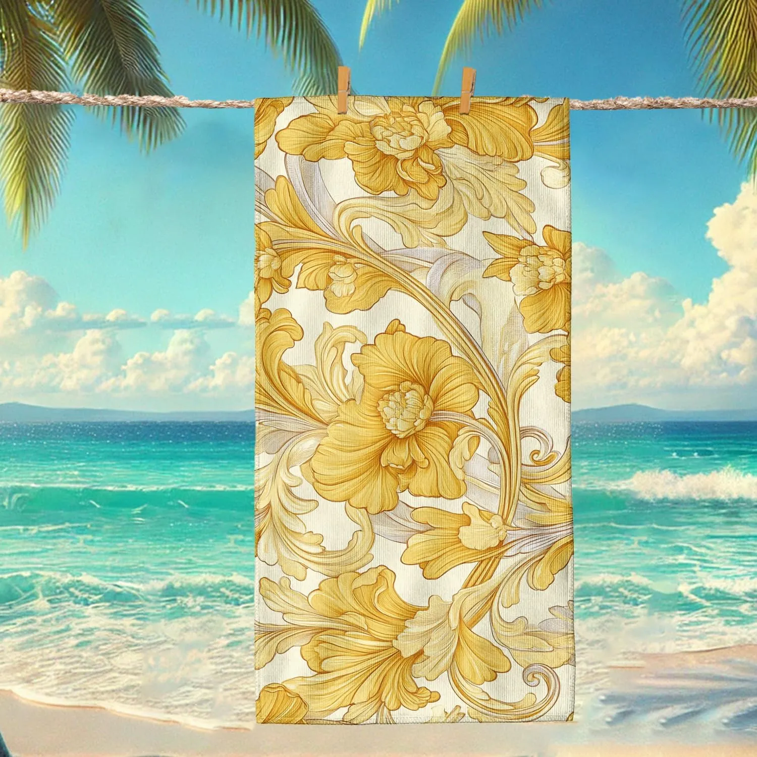 Artistic Yellow Floral Microfiber Beach Towel Quick Dry Soft Sand Free Light Weight Bath Blanket, Ideal for Outdoor Travel Camping Pool Picnic Essentials 62x31 Inch