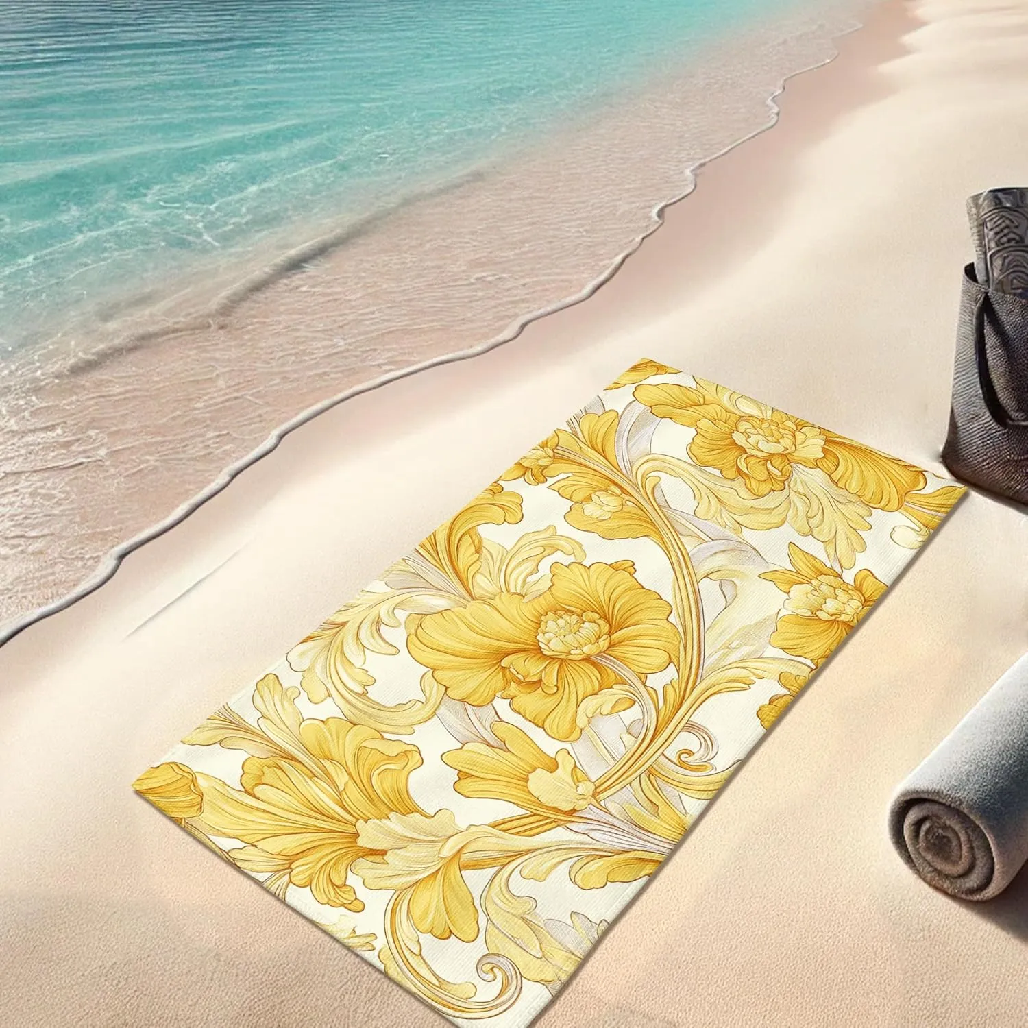 Artistic Yellow Floral Microfiber Beach Towel Quick Dry Soft Sand Free Light Weight Bath Blanket, Ideal for Outdoor Travel Camping Pool Picnic Essentials 62x31 Inch