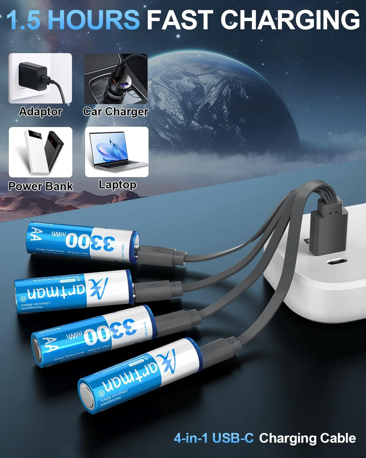Artman USB Rechargeable AA Lithium Batteries, 1.5V Double A Batteries with 4-in-1 USB-C Charging Cable, Rechargeable Lithium AA Battery for Blink Camera, Remote Controller, Flashlight (8 Pack)