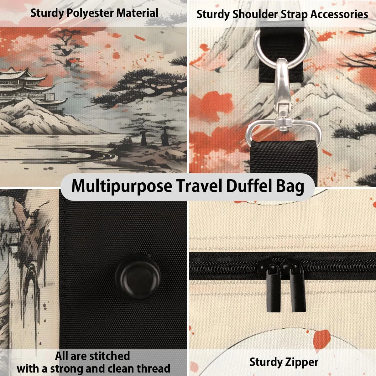 Asian Japanese Chinese Travel Duffle Bag, Sports Gym Bags for Women Men, Carry On Weekender Overnight Workout Airplane Trips Bag