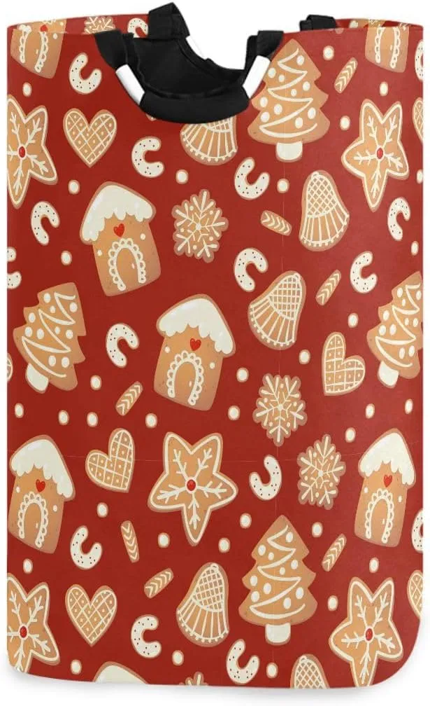 Aslsiy Christmas Gingerbread Tree Laundry Basket Red Laundry Hamper with Handles Clothes Bucket Bin Dirty Baskets Toy Storage for Home Bathroom 50L
