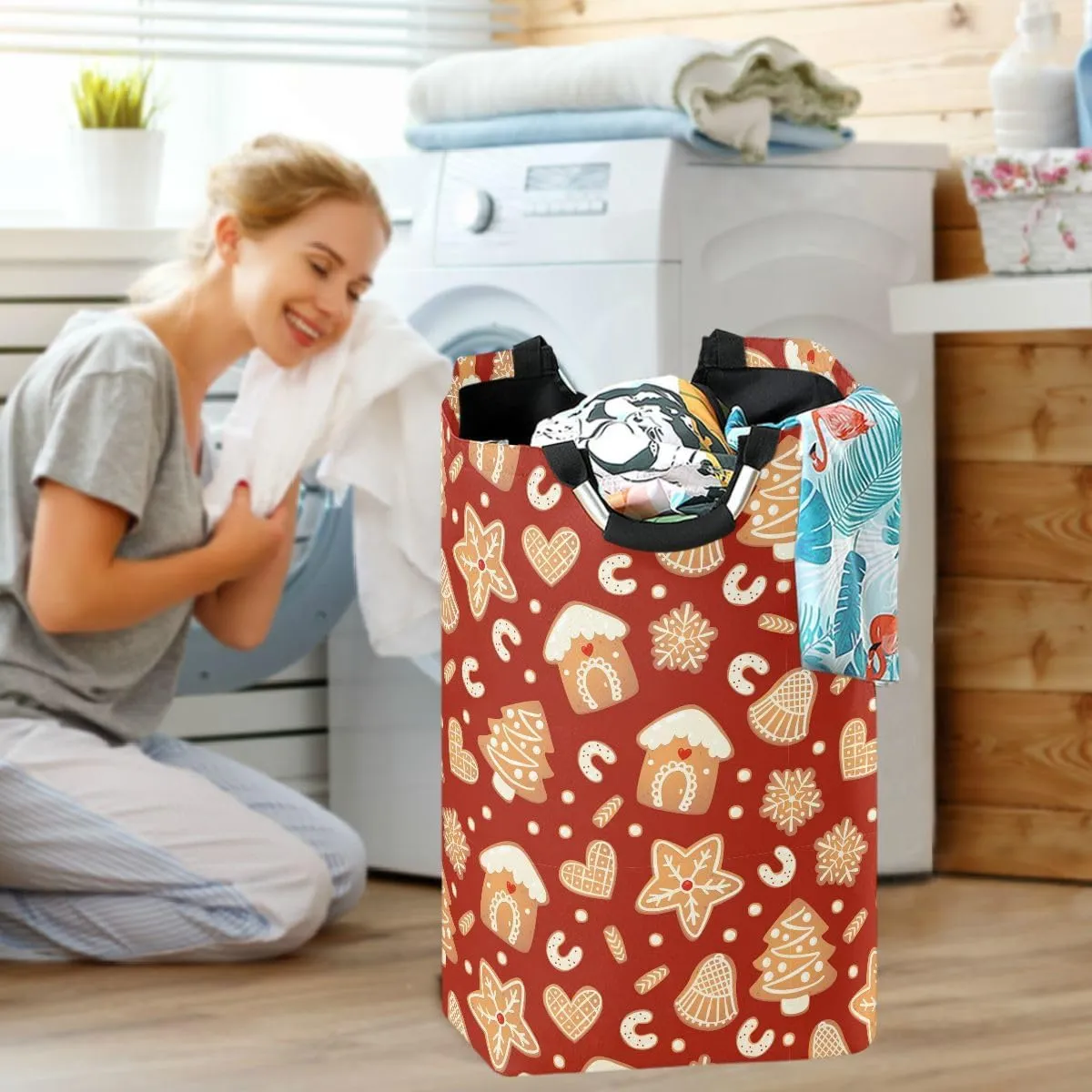 Aslsiy Christmas Gingerbread Tree Laundry Basket Red Laundry Hamper with Handles Clothes Bucket Bin Dirty Baskets Toy Storage for Home Bathroom 50L
