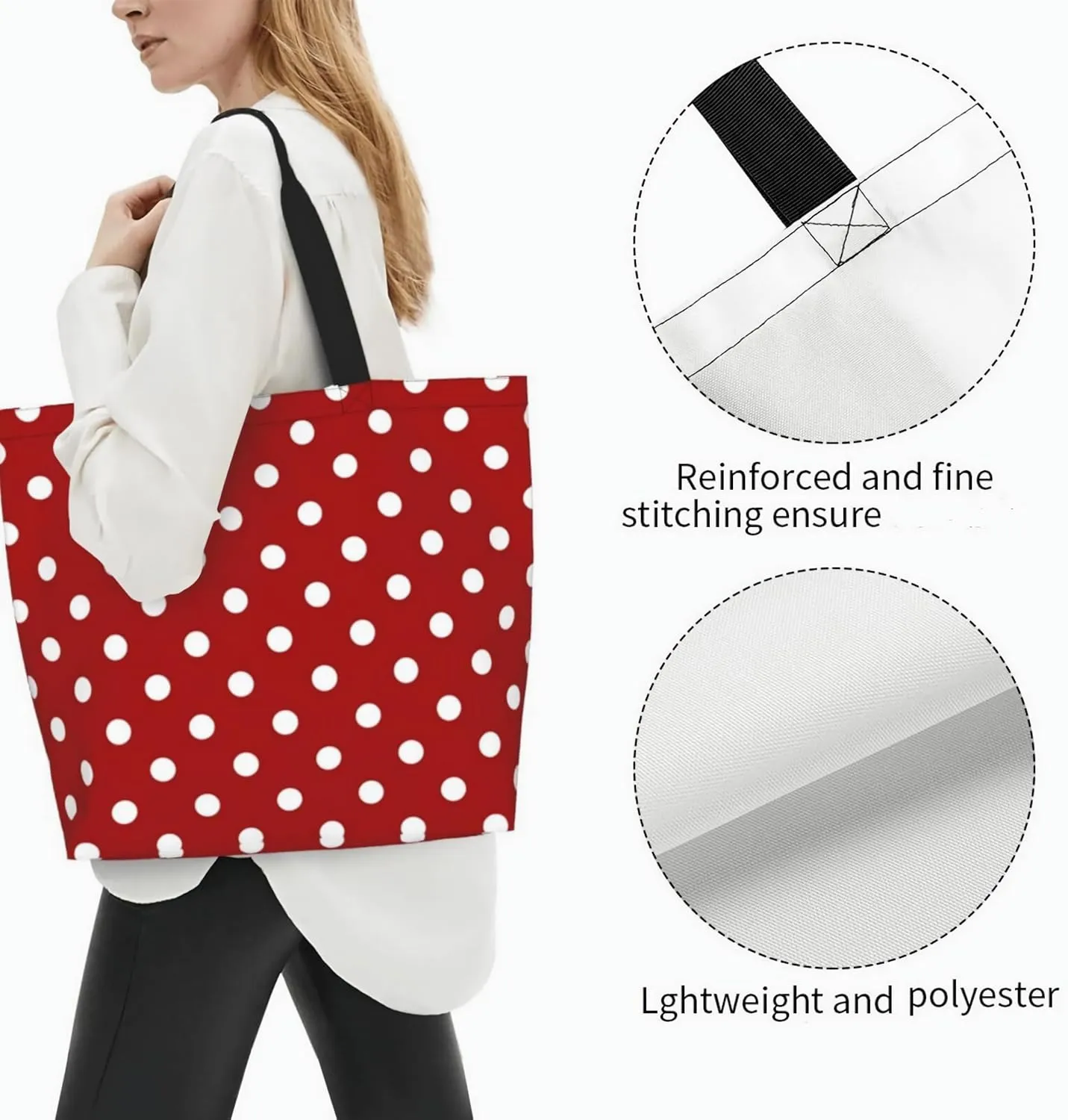ASYG Red and White Polka Dot Tote Bag Lightweight Handbags Travel Shoulder Bag for Hiking,Yoga, Gym,Shopping Travel Beach