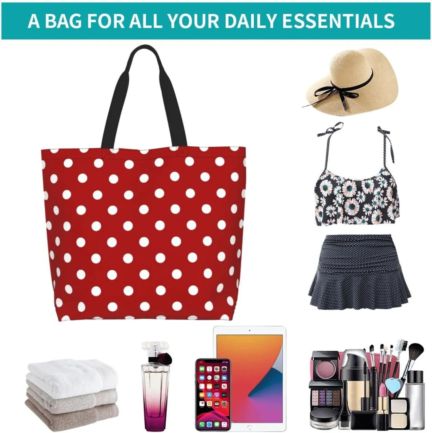 ASYG Red and White Polka Dot Tote Bag Lightweight Handbags Travel Shoulder Bag for Hiking,Yoga, Gym,Shopping Travel Beach