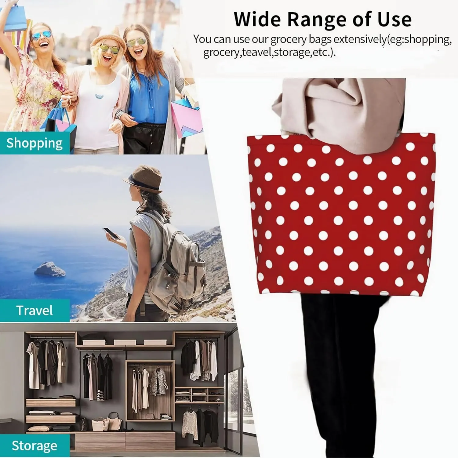 ASYG Red and White Polka Dot Tote Bag Lightweight Handbags Travel Shoulder Bag for Hiking,Yoga, Gym,Shopping Travel Beach