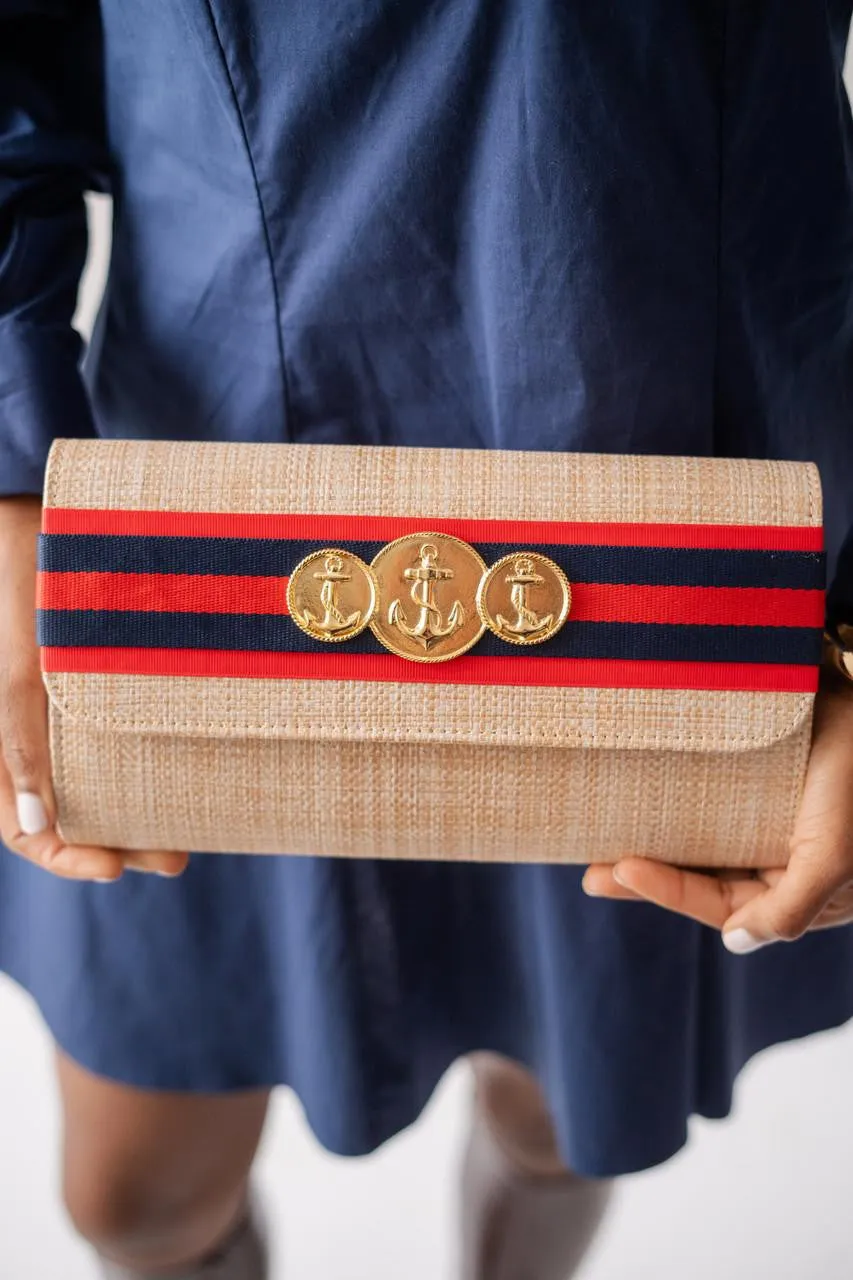 Avery Straw Clutch - Red & Navy Stripe  Red Layer with Triple Anchor Charm