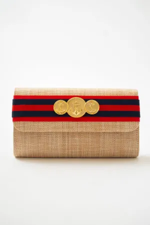 Avery Straw Clutch - Red & Navy Stripe  Red Layer with Triple Anchor Charm