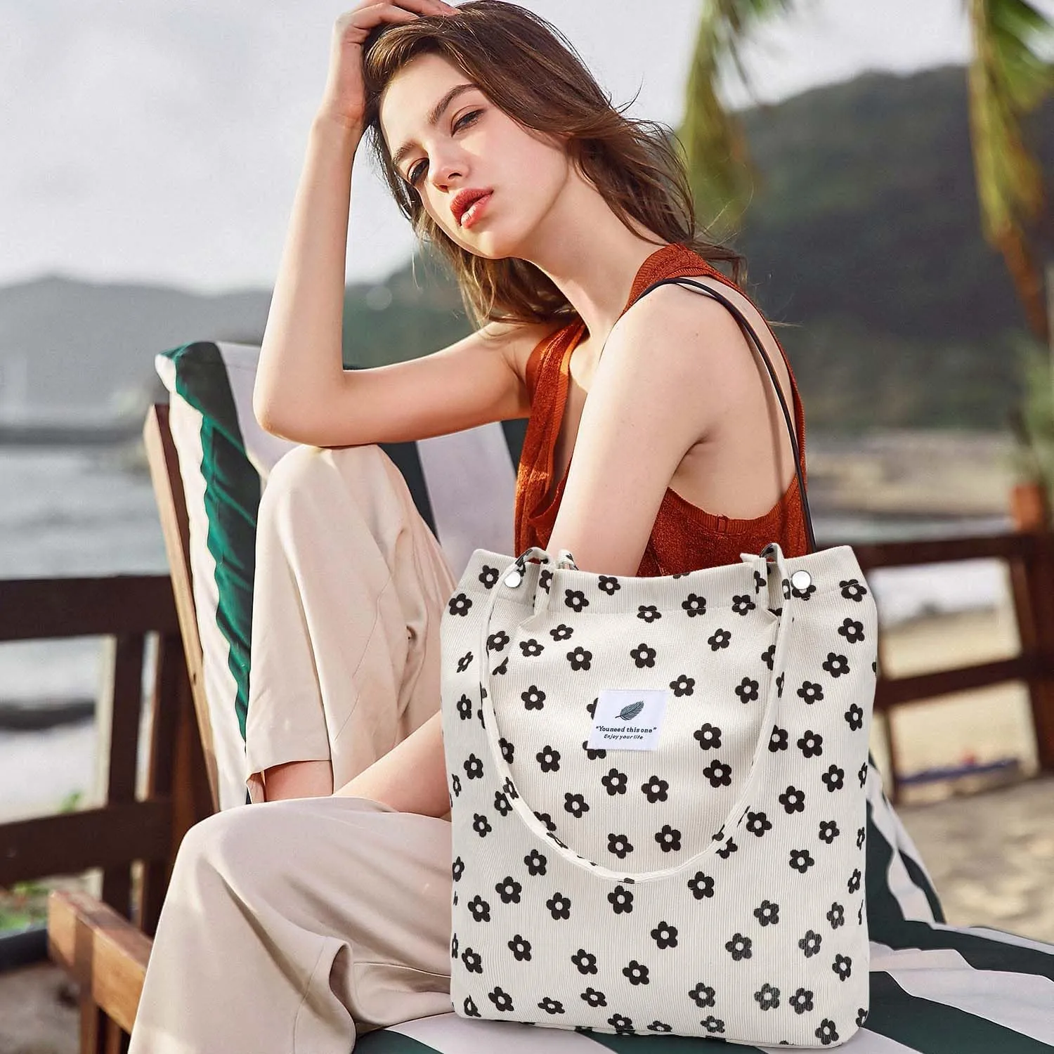 Ayieyill Corduroy Tote Bag for Women Canvas Shoulder Cord Purse with Inner Pocket