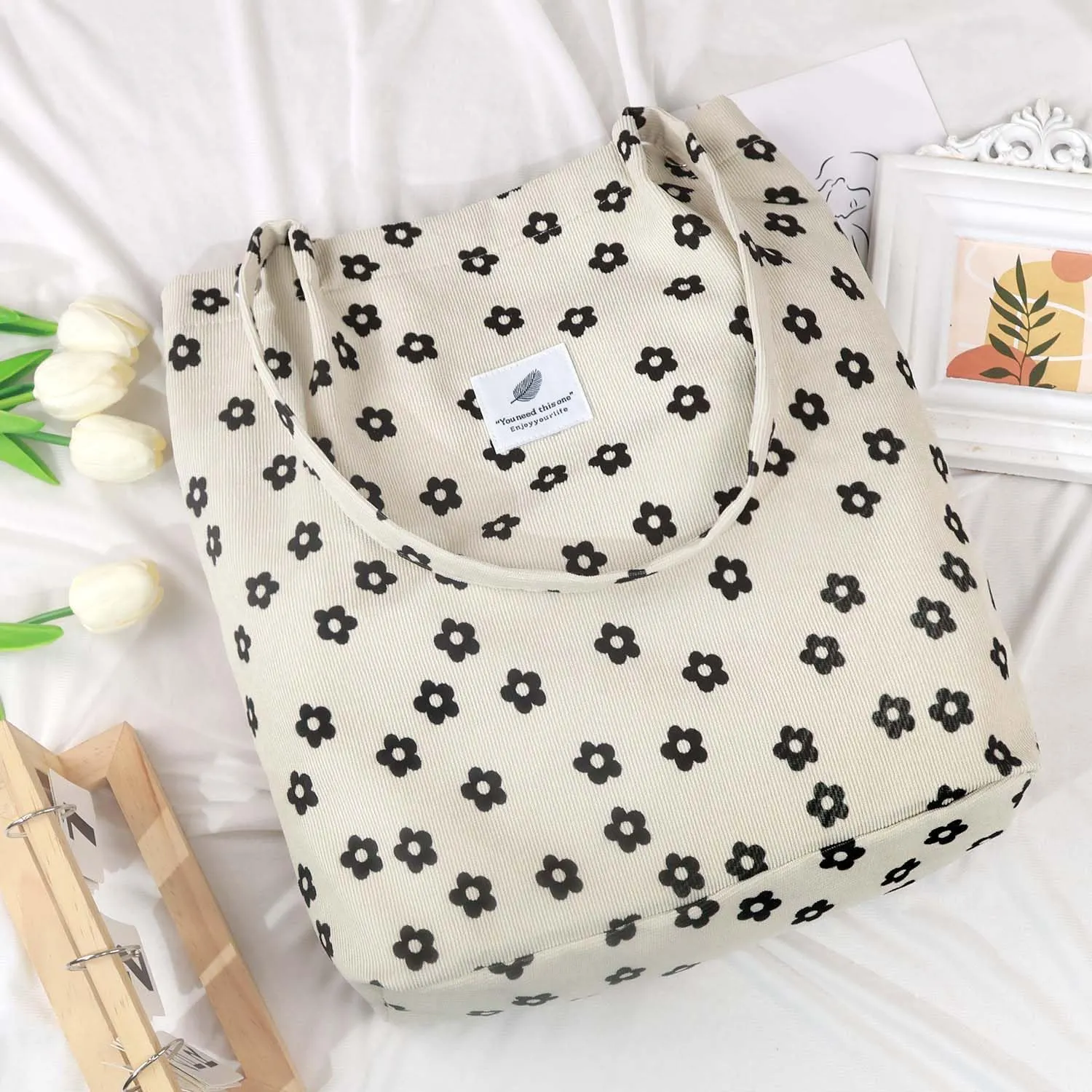 Ayieyill Corduroy Tote Bag for Women Canvas Shoulder Cord Purse with Inner Pocket