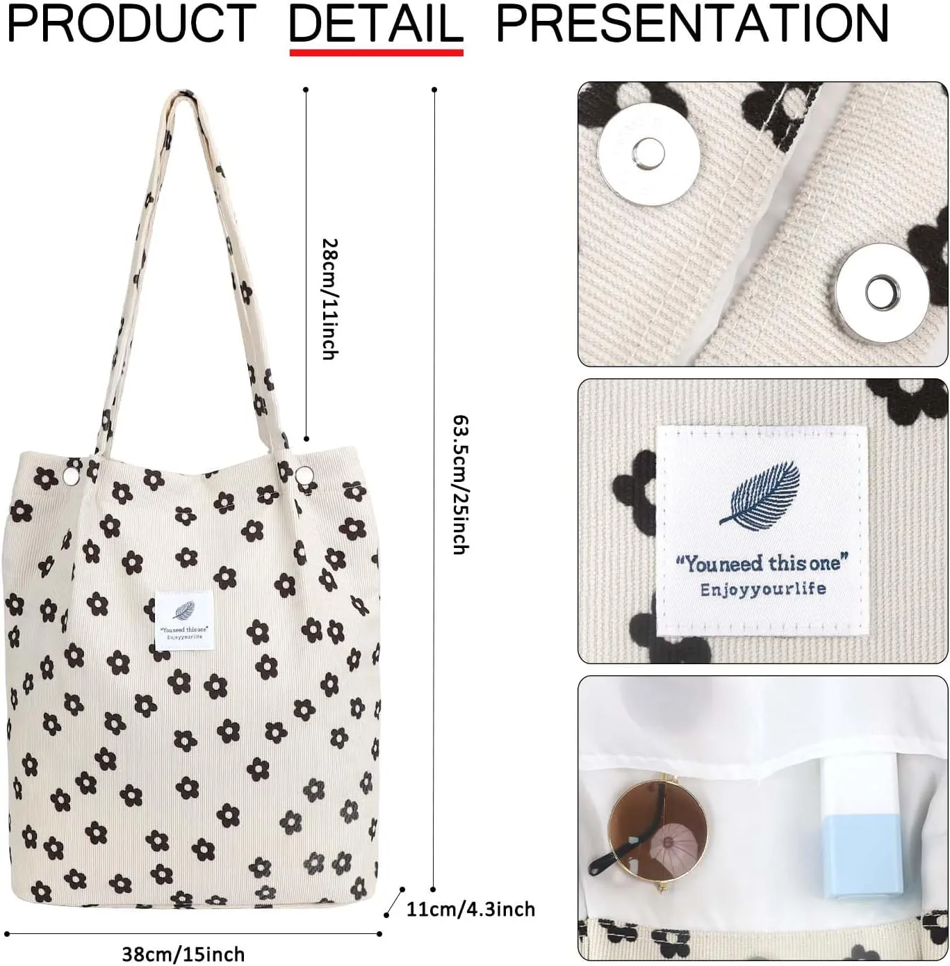 Ayieyill Corduroy Tote Bag for Women Canvas Shoulder Cord Purse with Inner Pocket