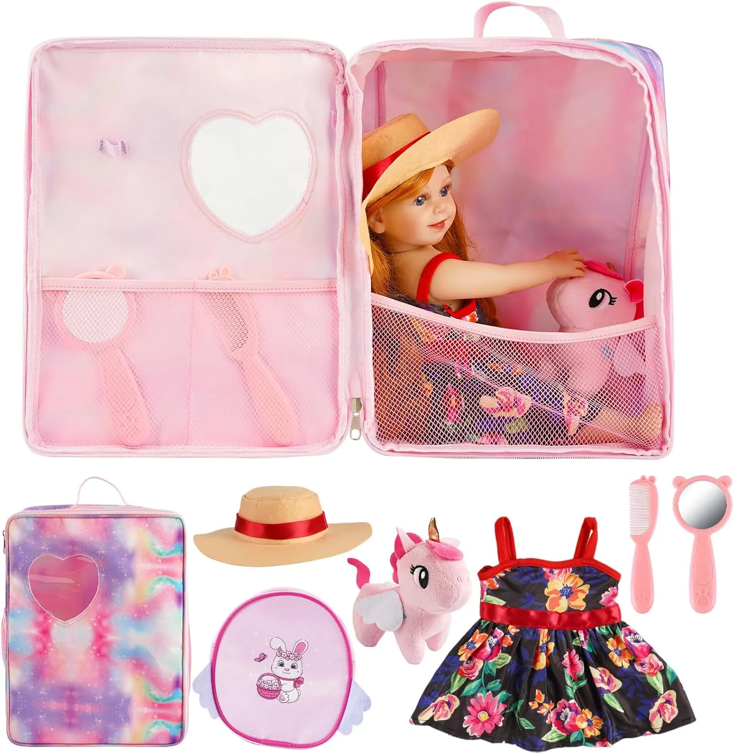 BABESIDE 18 Inch Doll Clothes and Accessories with Doll Bag for 18 Inch Baby Dolls Girl, 7 Pcs Dolls Clothes with Hat Comb Mirror and Toddler Backpack for Little Girls Pretend Play Toys