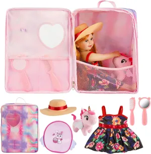 BABESIDE 18 Inch Doll Clothes and Accessories with Doll Bag for 18 Inch Baby Dolls Girl, 7 Pcs Dolls Clothes with Hat Comb Mirror and Toddler Backpack for Little Girls Pretend Play Toys