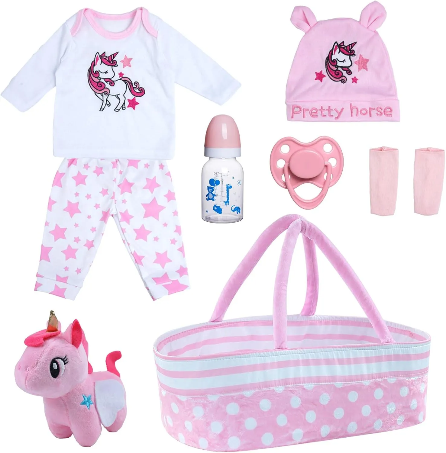 BABESIDE 8 PCS Reborn Baby Doll Clothes Set with Bassinet for 17-22 Inch Dolls Babys Doll Clothes Outfit Accessories fit Newborn Baby Doll Girl Boys, Pink