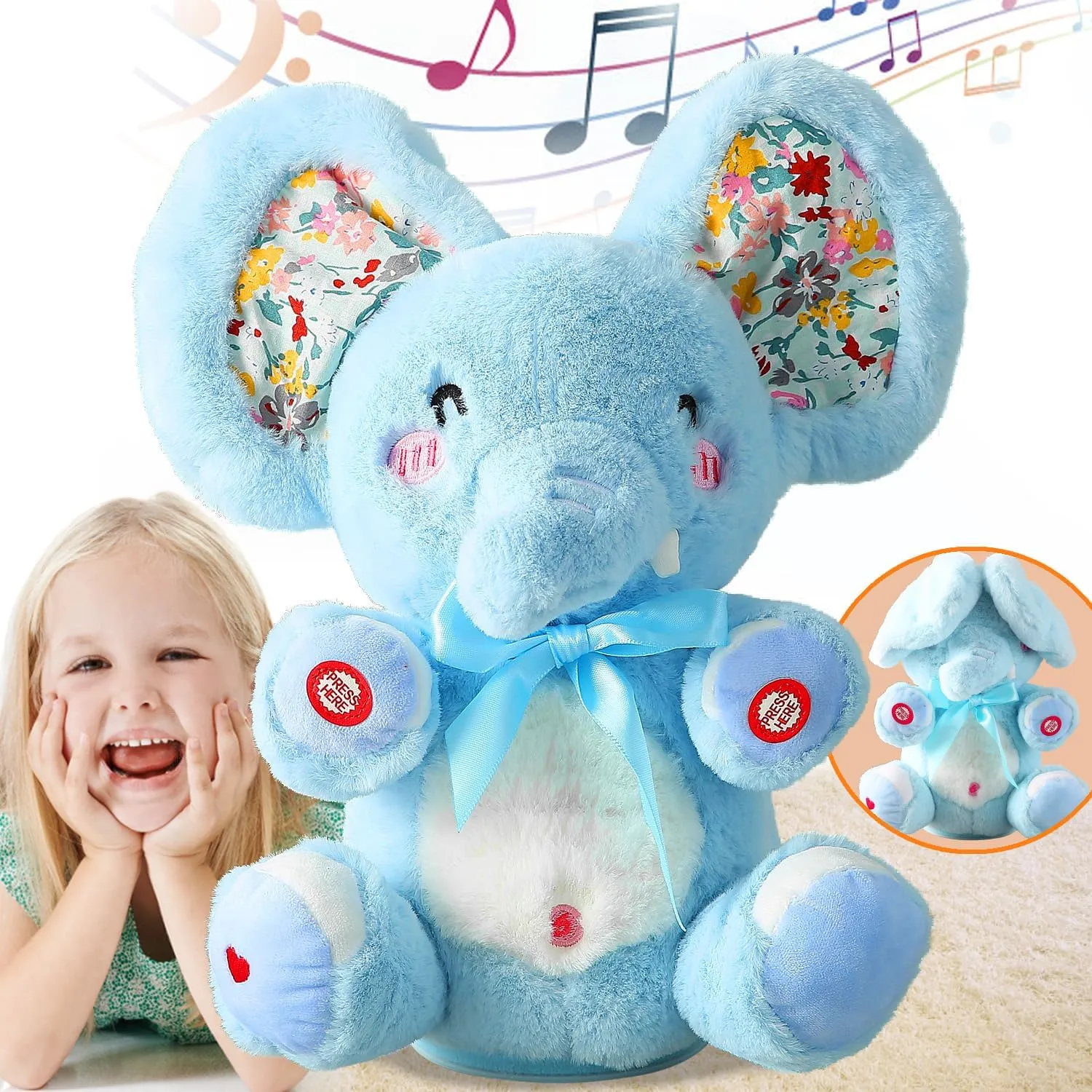 Baby Blue Peek A Boo Elephant Plush Stuffed Singing Elephant, Repeat What You Say, Musical for Toddler with Moving Ear, Singing Talking Stuffed Animal Baby Toy for Boy Girl