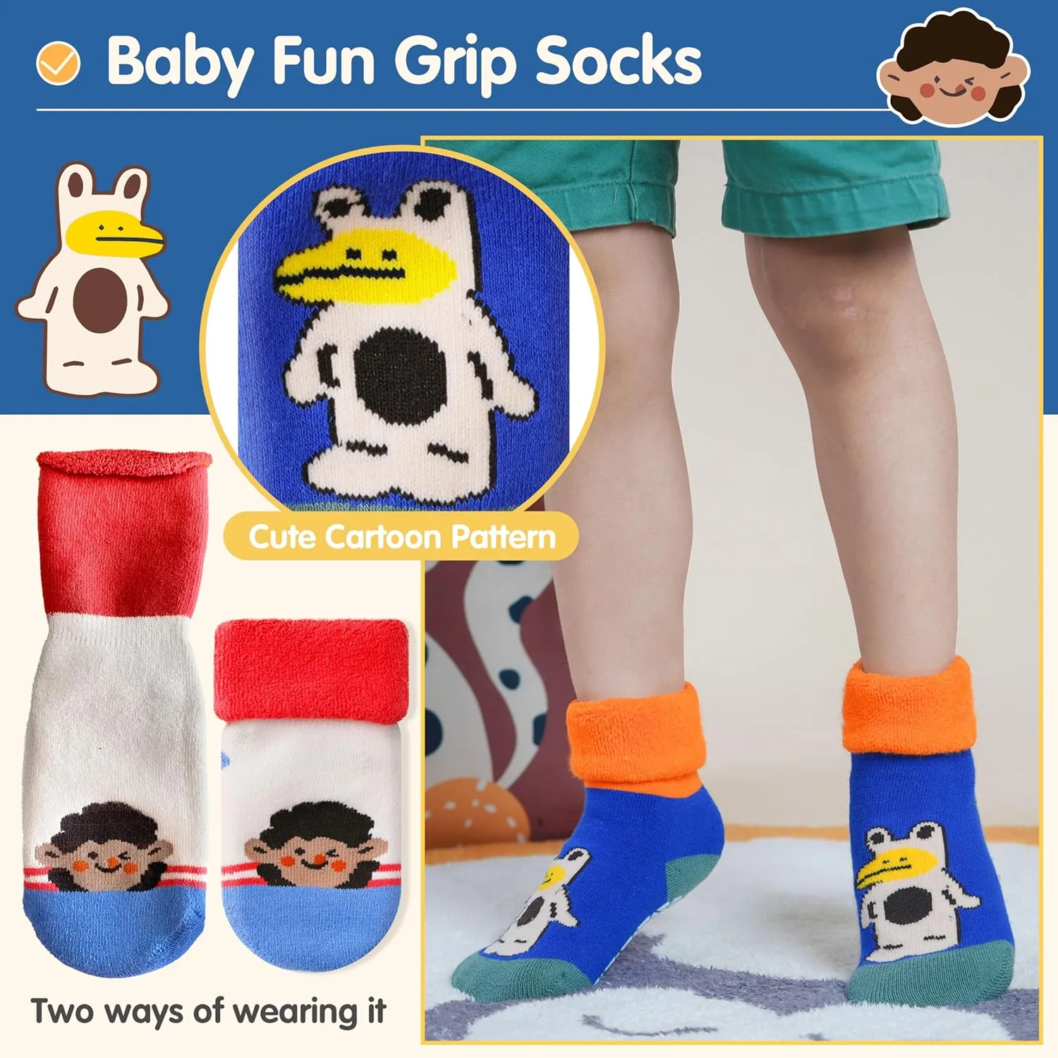 Baby Boys Girls Grips Socks Toddlers Kids Infants Anti Slip Non Skid Funny Cartoon Ankle Crew Socks with Grippers 9 Pairs