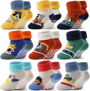 Baby Boys Girls Grips Socks Toddlers Kids Infants Anti Slip Non Skid Funny Cartoon Ankle Crew Socks with Grippers 9 Pairs
