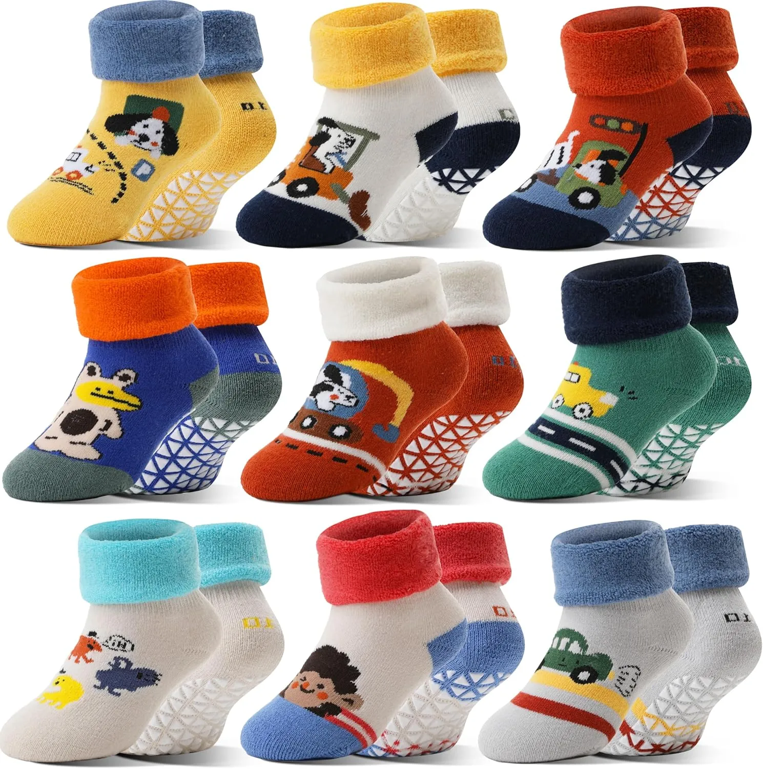 Baby Boys Girls Grips Socks Toddlers Kids Infants Anti Slip Non Skid Funny Cartoon Ankle Crew Socks with Grippers 9 Pairs
