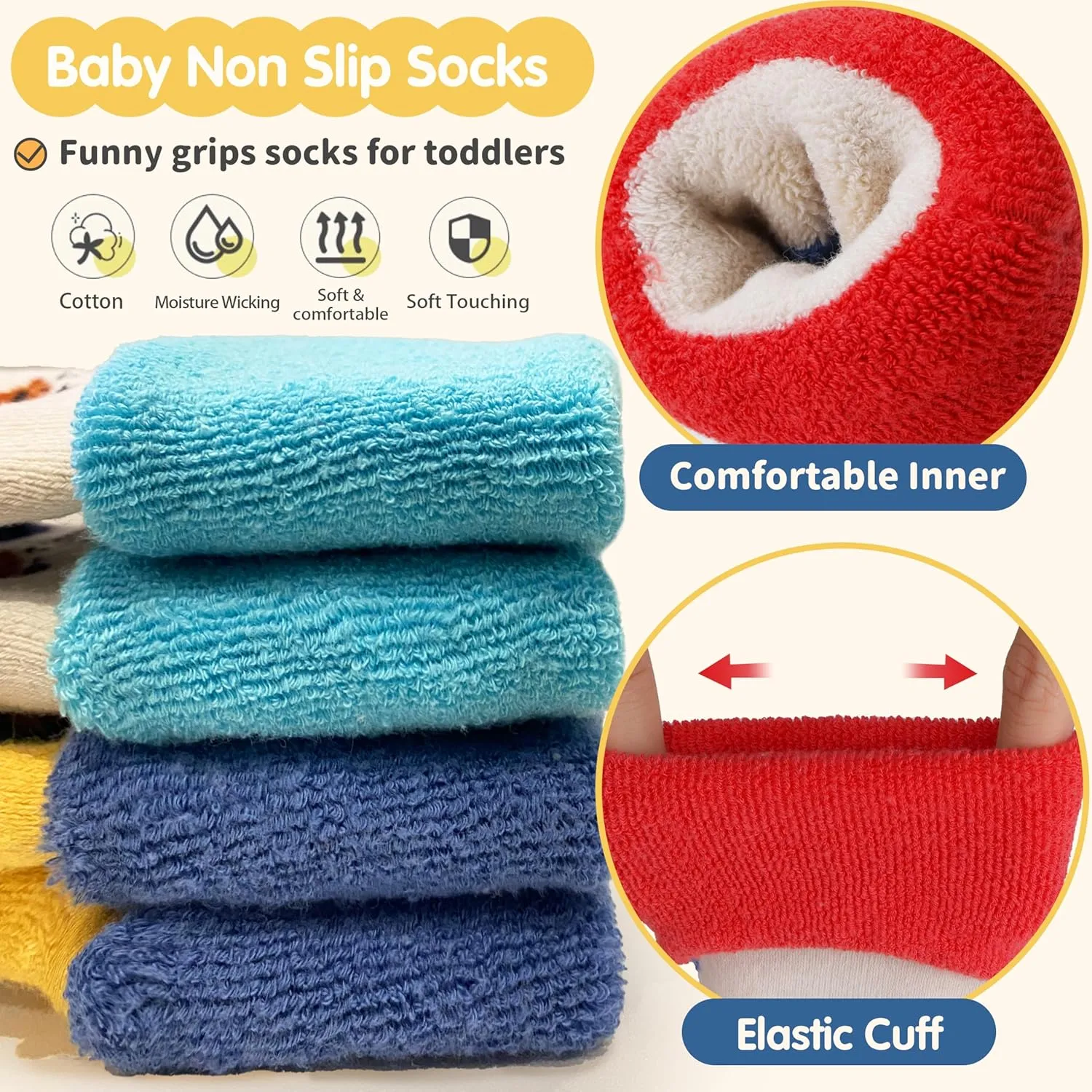 Baby Boys Girls Grips Socks Toddlers Kids Infants Anti Slip Non Skid Funny Cartoon Ankle Crew Socks with Grippers 9 Pairs