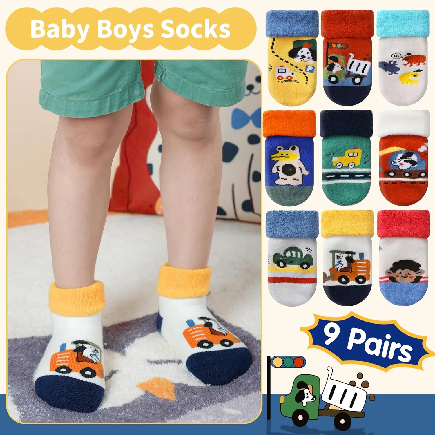 Baby Boys Girls Grips Socks Toddlers Kids Infants Anti Slip Non Skid Funny Cartoon Ankle Crew Socks with Grippers 9 Pairs
