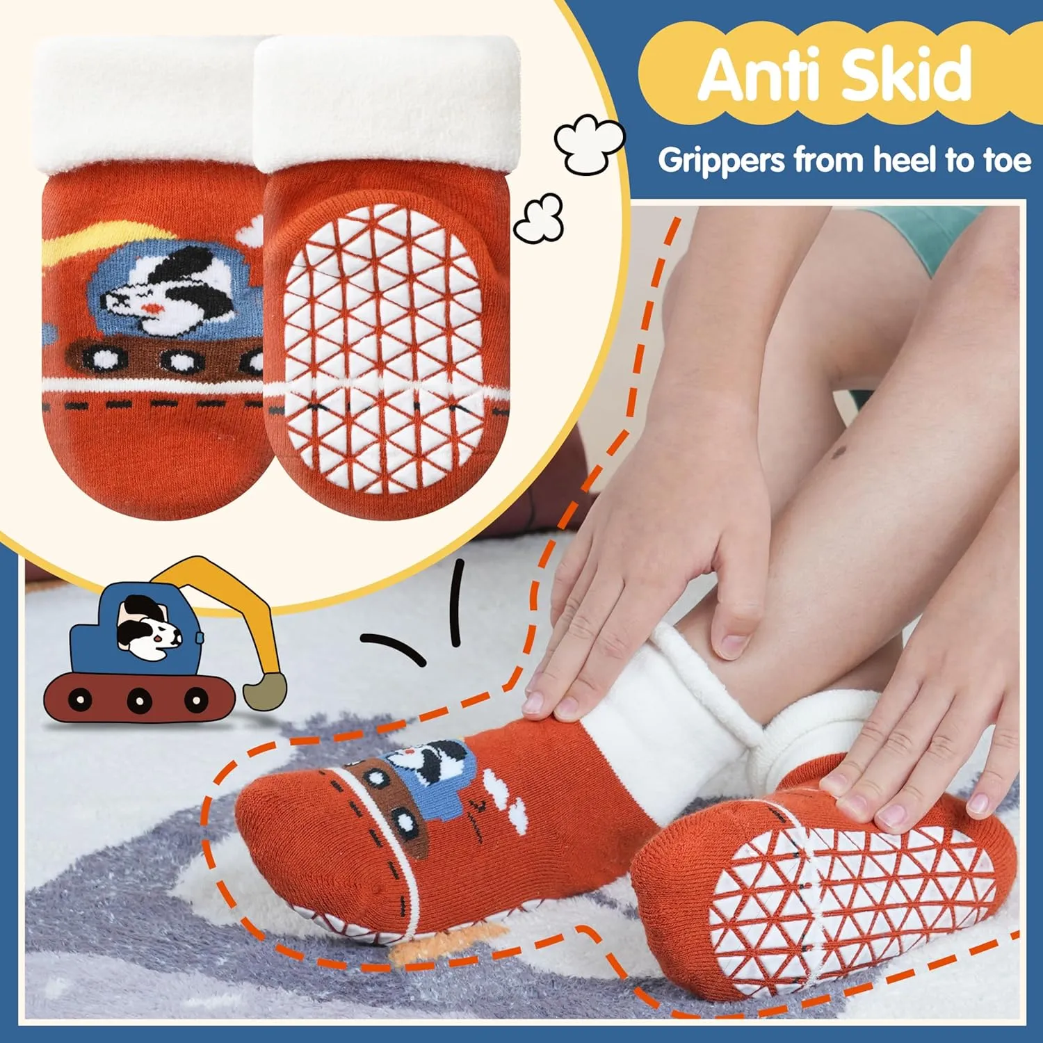 Baby Boys Girls Grips Socks Toddlers Kids Infants Anti Slip Non Skid Funny Cartoon Ankle Crew Socks with Grippers 9 Pairs