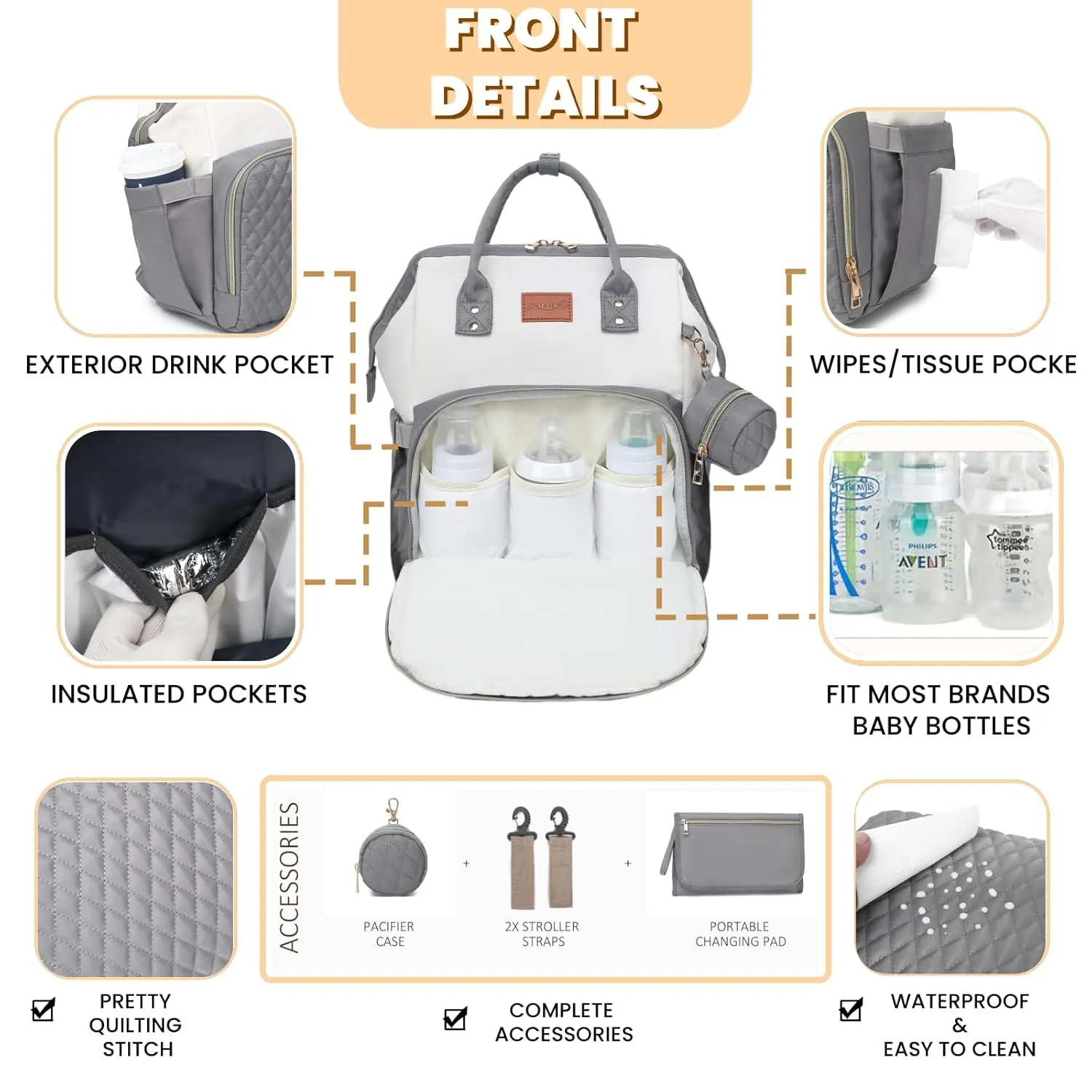 Baby Diaper Bag Backpack with Changing Pad, Pacifier Case, for Boy Girl Toddler - Large, Stylish, Waterproof Travel Diaper Bag for Mom - Gray/White