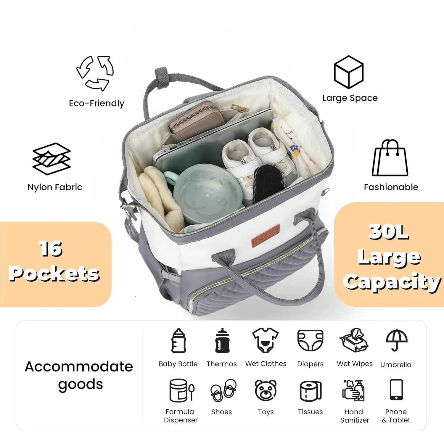 Baby Diaper Bag Backpack with Changing Pad, Pacifier Case, for Boy Girl Toddler - Large, Stylish, Waterproof Travel Diaper Bag for Mom - Gray/White