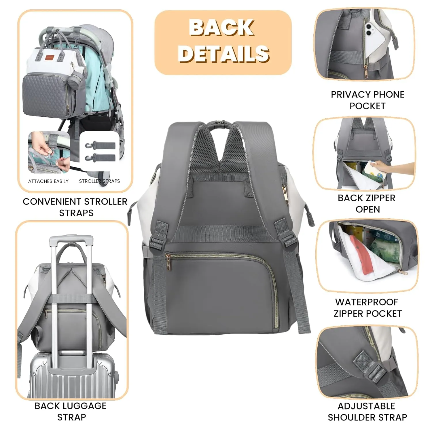 Baby Diaper Bag Backpack with Changing Pad, Pacifier Case, for Boy Girl Toddler - Large, Stylish, Waterproof Travel Diaper Bag for Mom - Gray/White