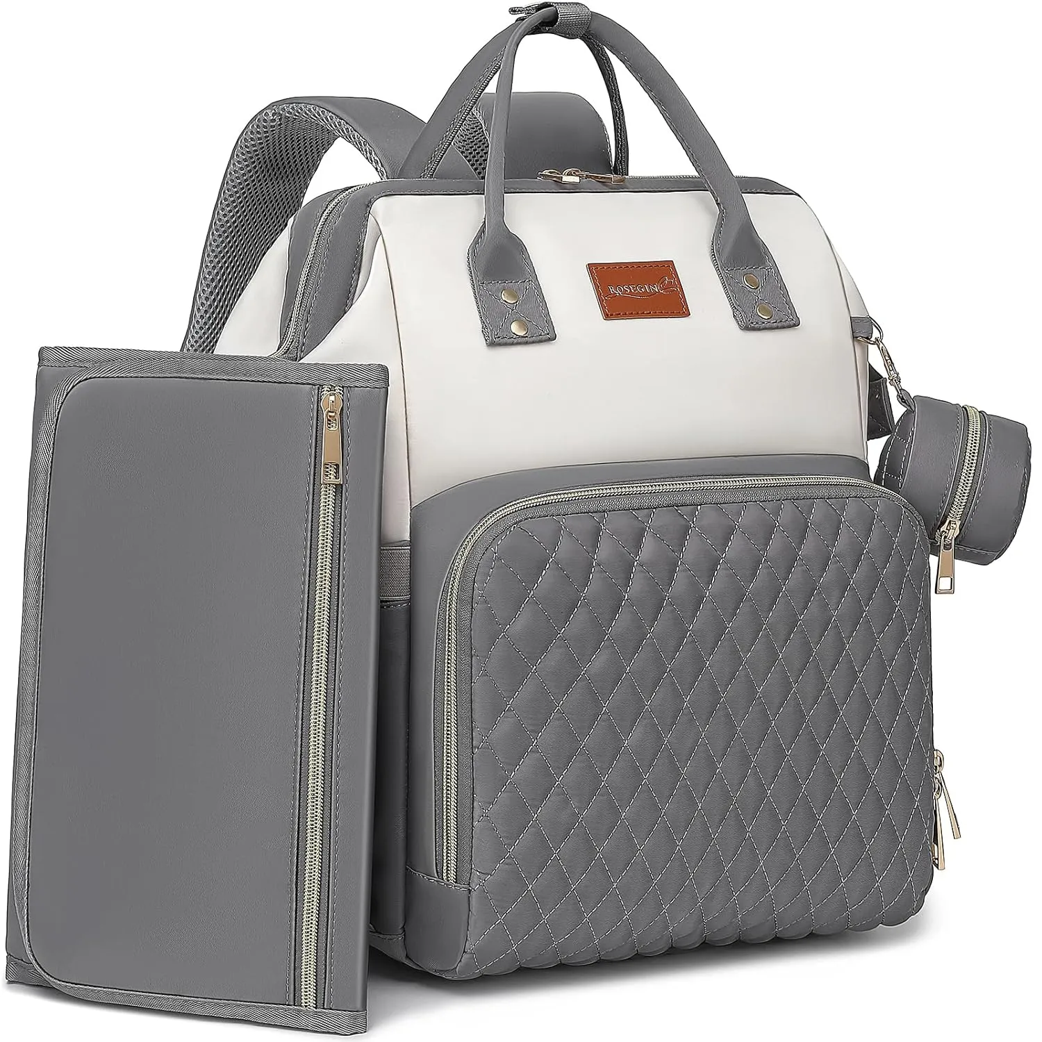 Baby Diaper Bag Backpack with Changing Pad, Pacifier Case, for Boy Girl Toddler - Large, Stylish, Waterproof Travel Diaper Bag for Mom - Gray/White