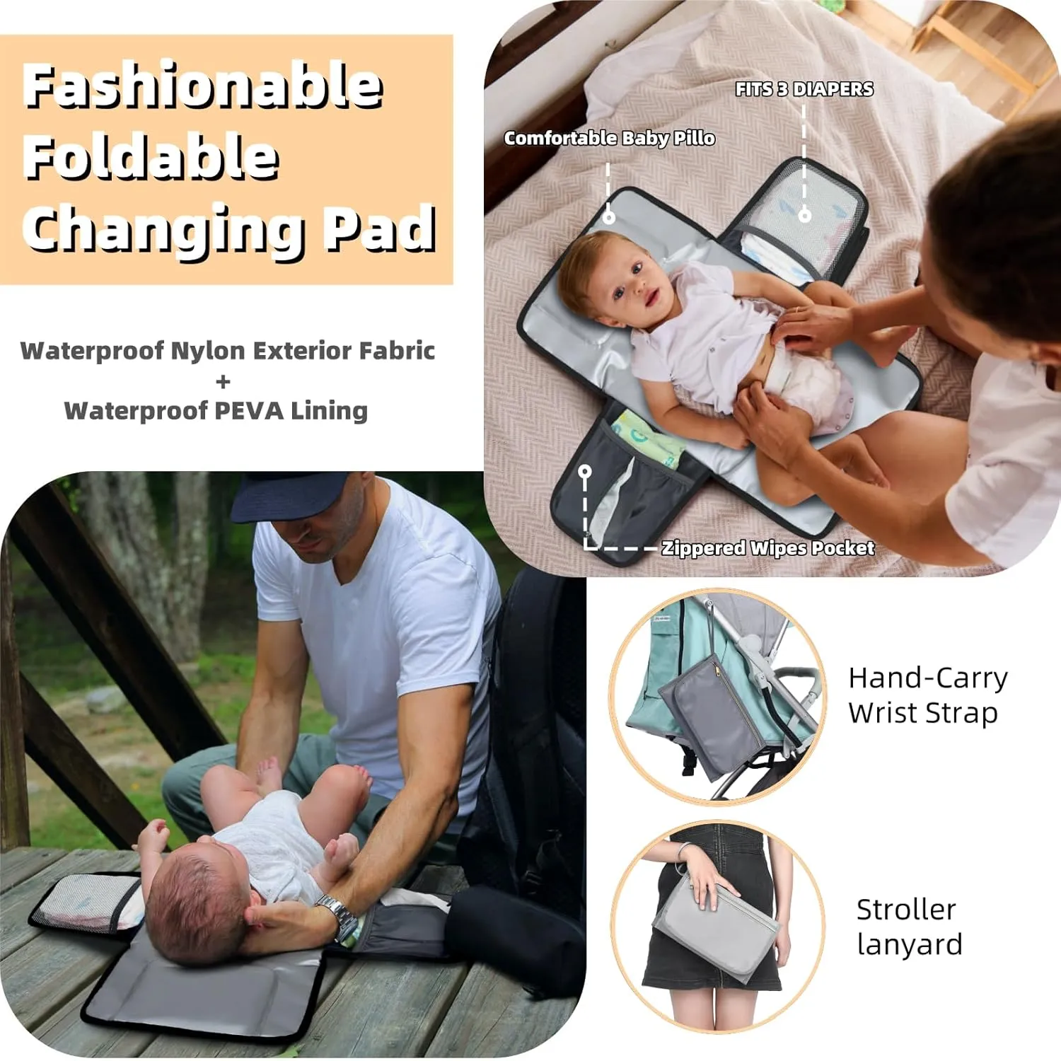 Baby Diaper Bag Backpack with Changing Pad, Pacifier Case, for Boy Girl Toddler - Large, Stylish, Waterproof Travel Diaper Bag for Mom - Gray/White