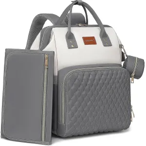Baby Diaper Bag Backpack with Changing Pad, Pacifier Case, for Boy Girl Toddler - Large, Stylish, Waterproof Travel Diaper Bag for Mom - Gray/White
