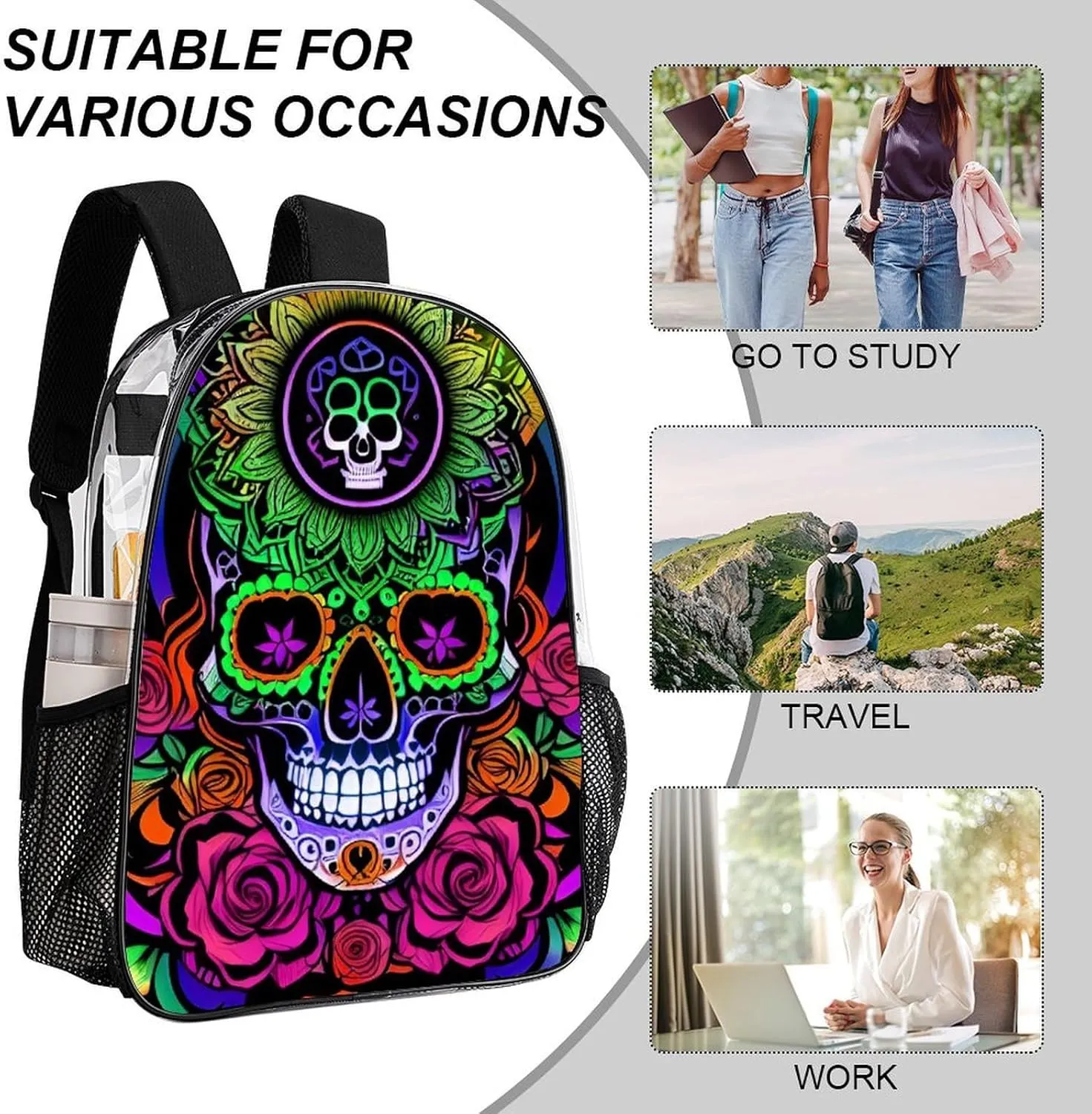 Backpack Multipurpose Anti-Theft Large Capacity Bookbag - Psychedelic Skull Art Travel Hiking Daypack Transparent Bag