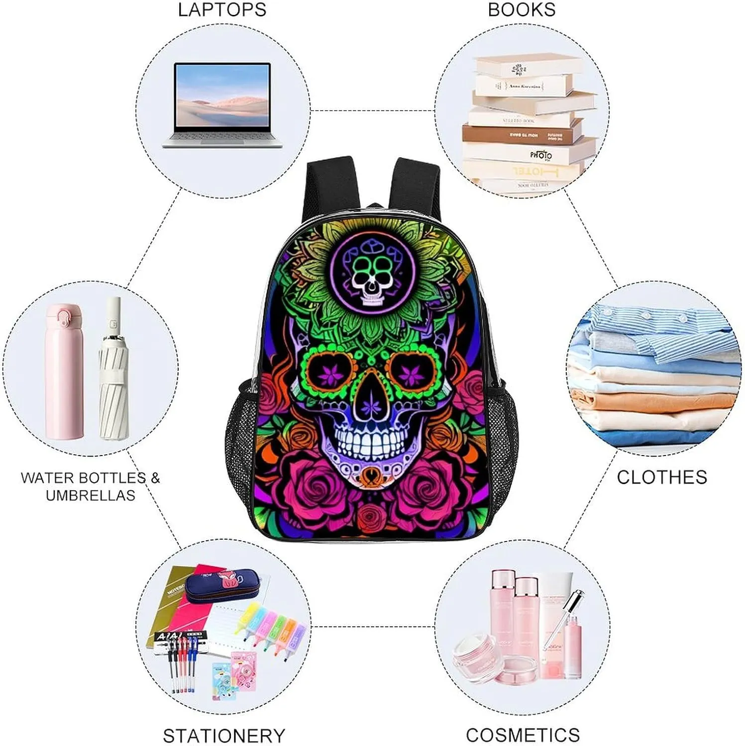 Backpack Multipurpose Anti-Theft Large Capacity Bookbag - Psychedelic Skull Art Travel Hiking Daypack Transparent Bag