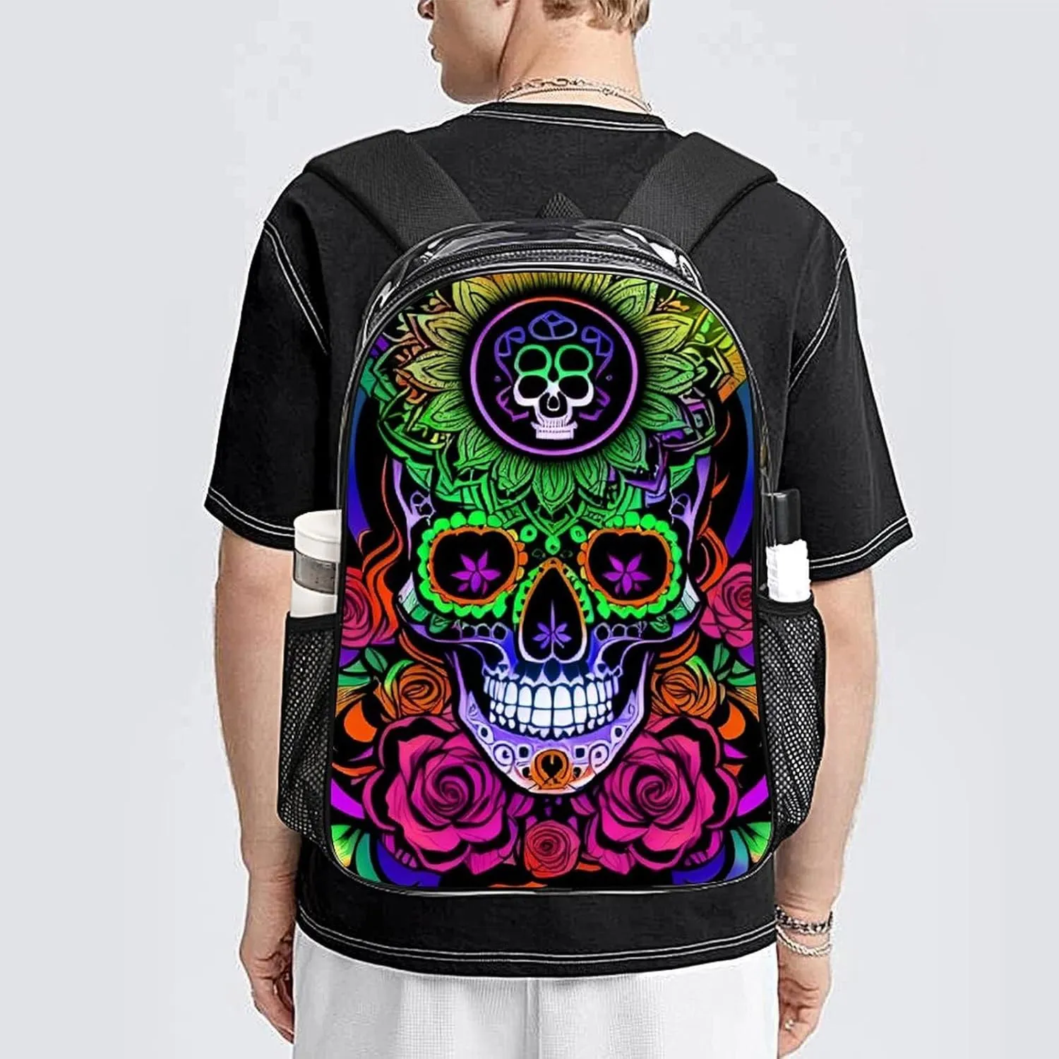 Backpack Multipurpose Anti-Theft Large Capacity Bookbag - Psychedelic Skull Art Travel Hiking Daypack Transparent Bag
