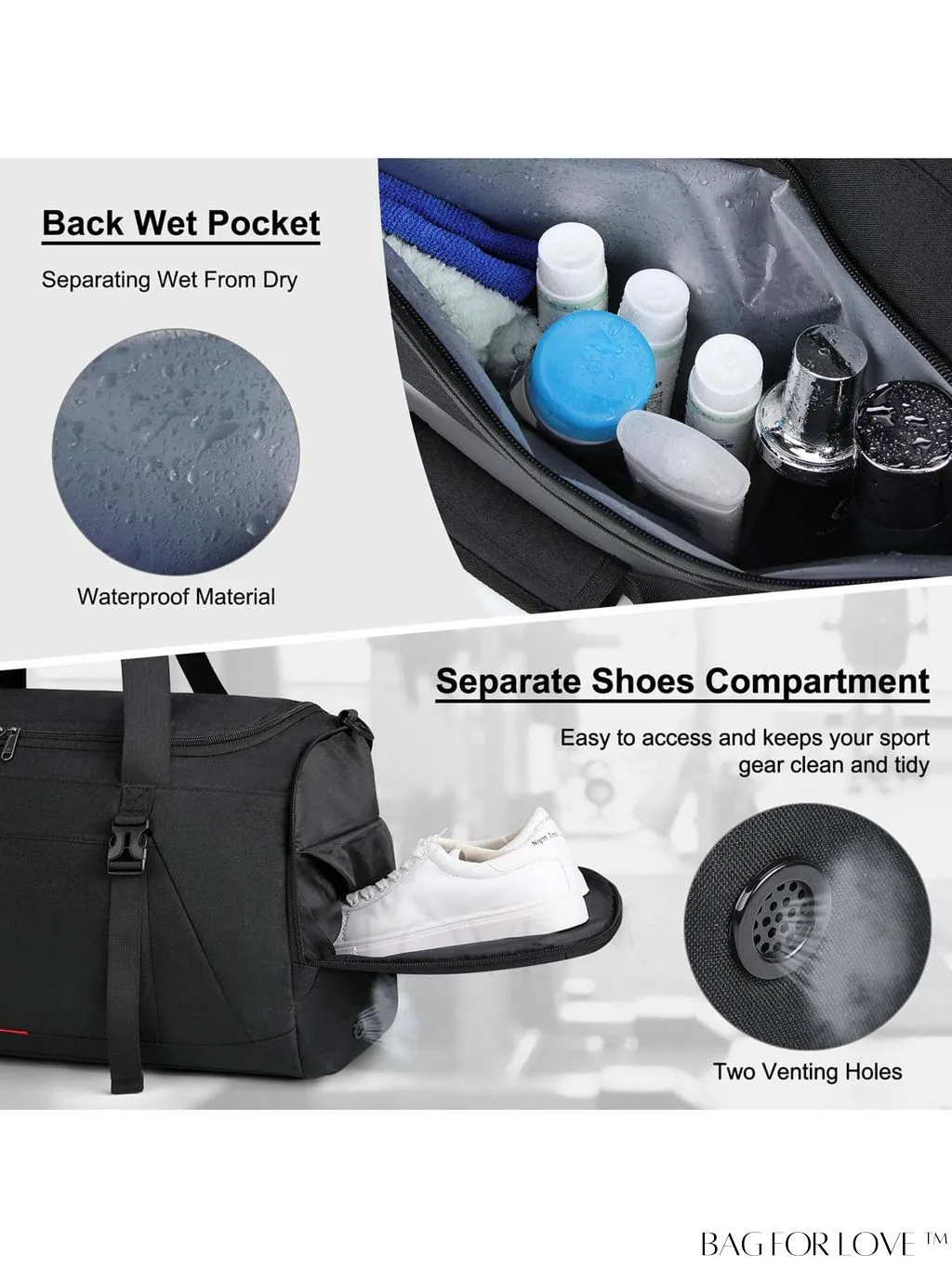 BagForLove - Water-Resistant 40L Gym Bag with Wet Pocket, Shoe Compartment - Ideal for Men and Women