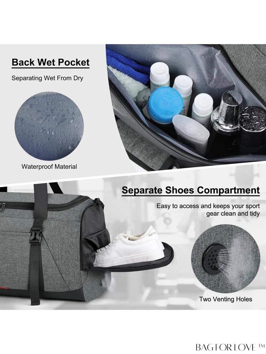BagForLove - Water-Resistant 40L Gym Bag with Wet Pocket, Shoe Compartment - Ideal for Men and Women