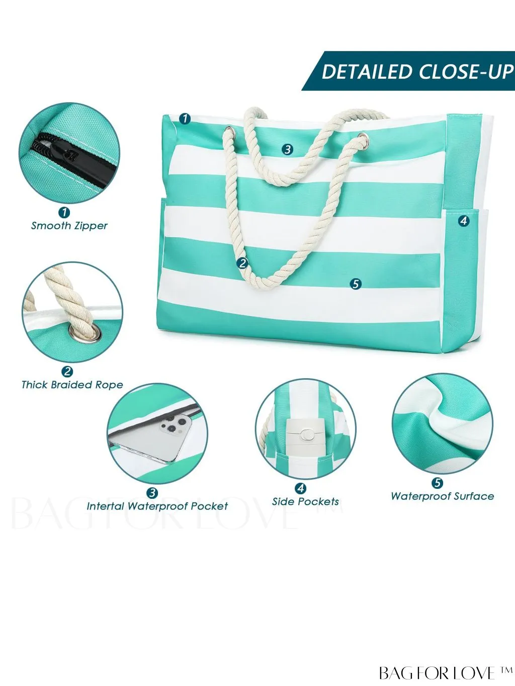 BagForLove - Womens Waterproof Beach Tote: Large, Sand-proof Swim Pool Bag with Zipper