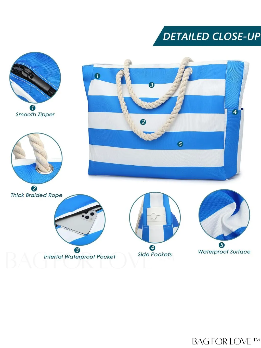 BagForLove - Womens Waterproof Beach Tote: Large, Sand-proof Swim Pool Bag with Zipper