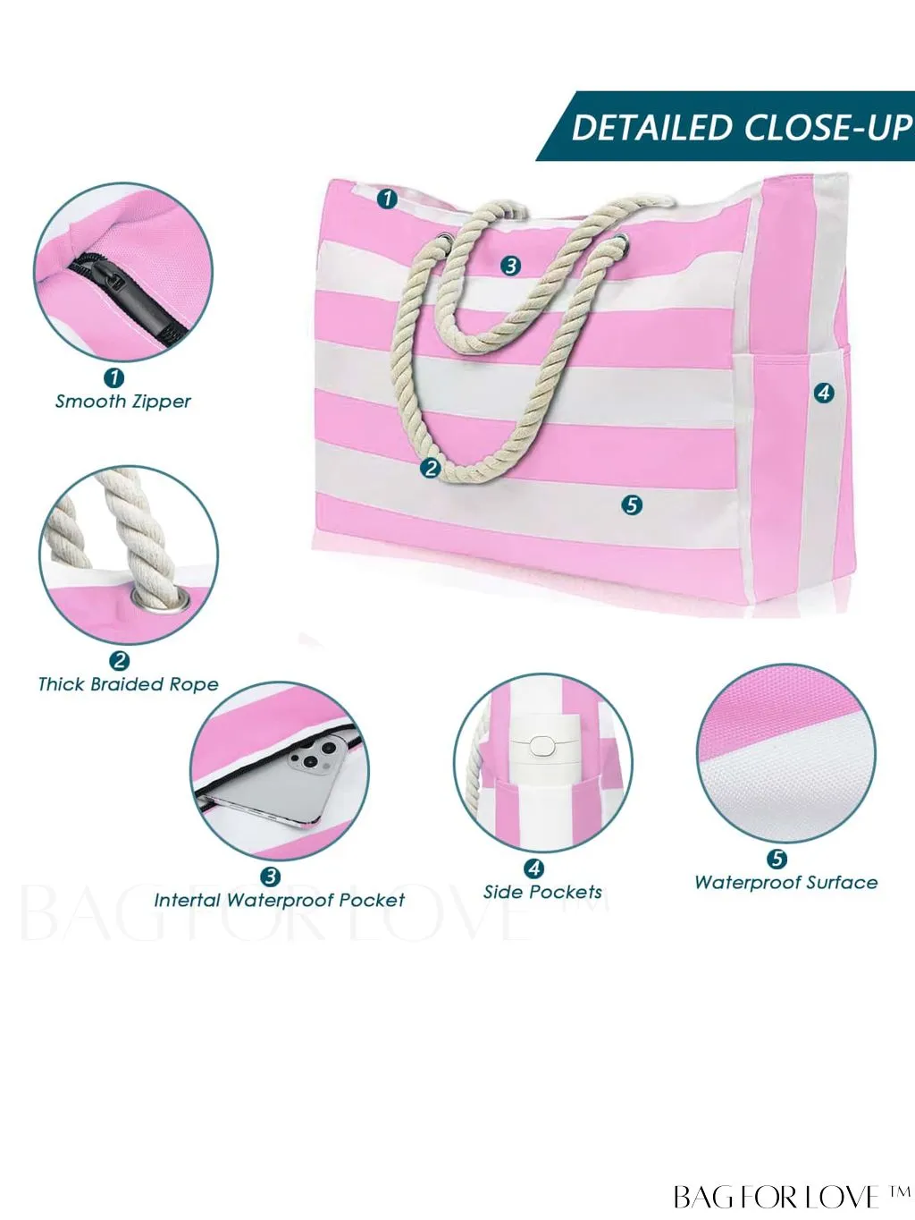 BagForLove - Womens Waterproof Beach Tote: Large, Sand-proof Swim Pool Bag with Zipper